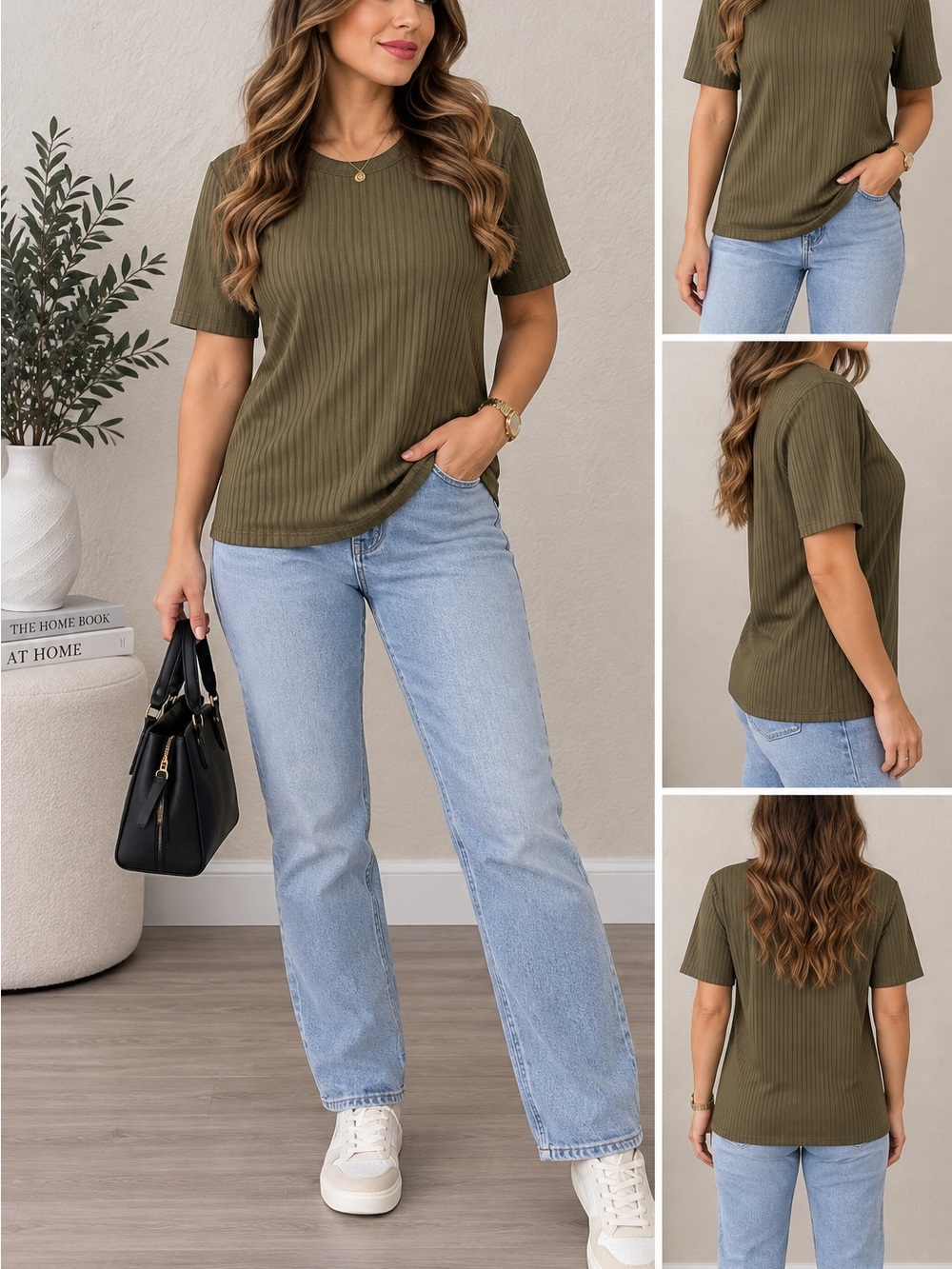 SHEIN Olive Ribbed Short Sleeve Crewneck Tee